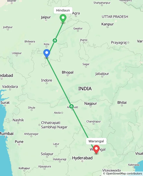Route map showing distance and travel time from Hindaun, India to Warangal, India
