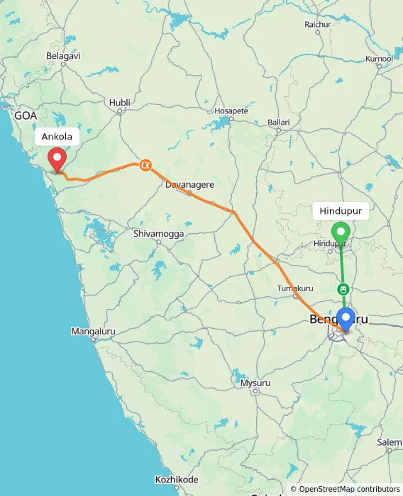 Route map showing distance and travel time from Hindupur, India to Ankola, India