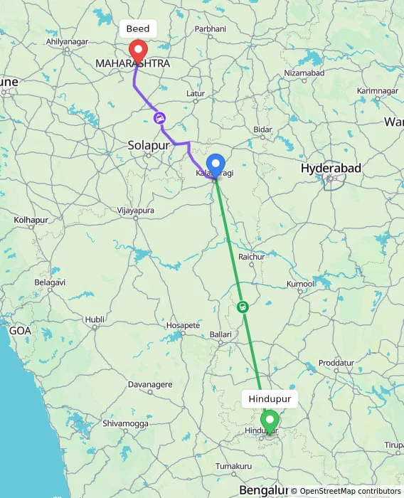 Route map showing distance and travel time from Hindupur, India to Beed, India