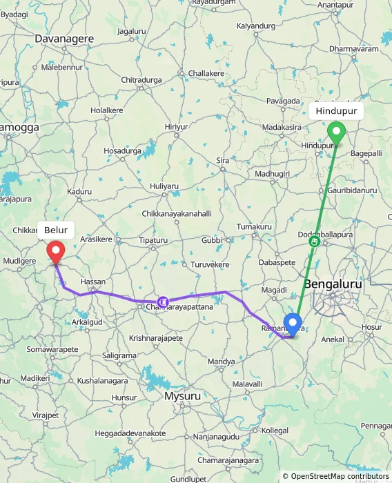 Route map showing distance and travel time from Hindupur, India to Belur, India
