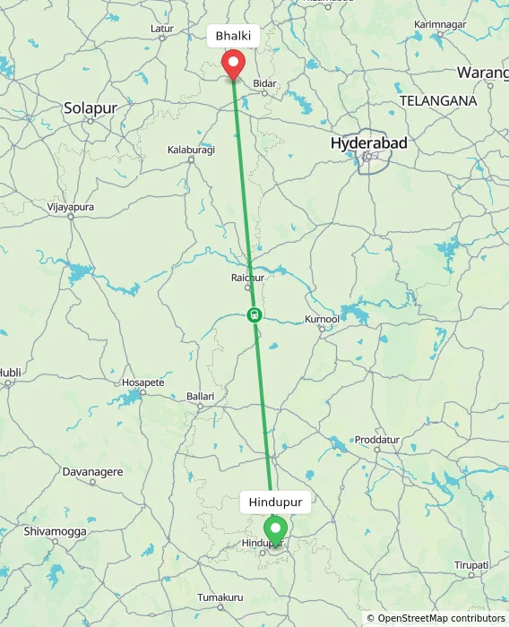 Route map showing distance and travel time from Hindupur, India to Bhalki, India