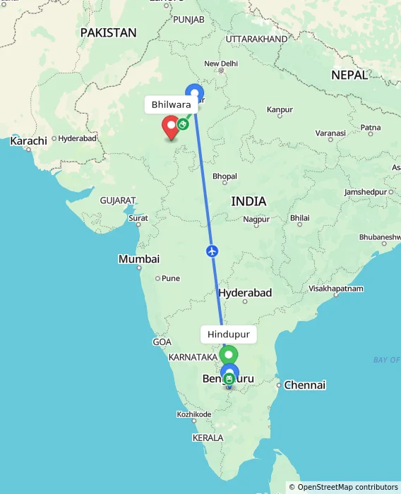 Route map showing distance and travel time from Hindupur, India to Bhilwara, India