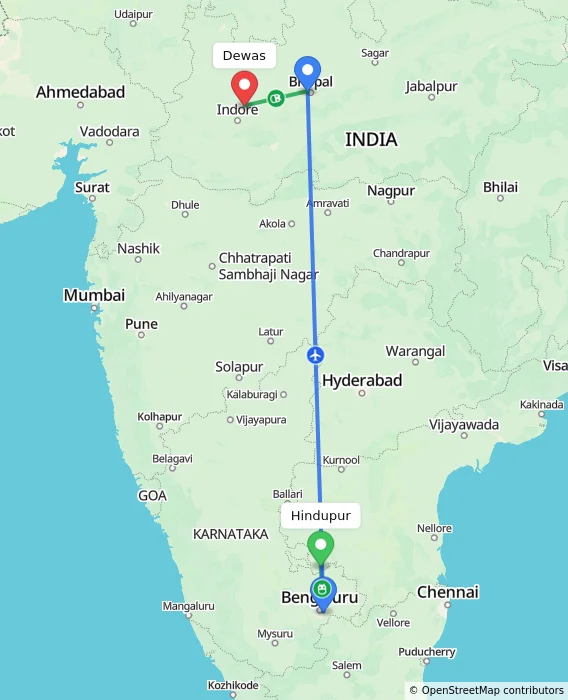 Route map showing distance and travel time from Hindupur, India to Dewas, India