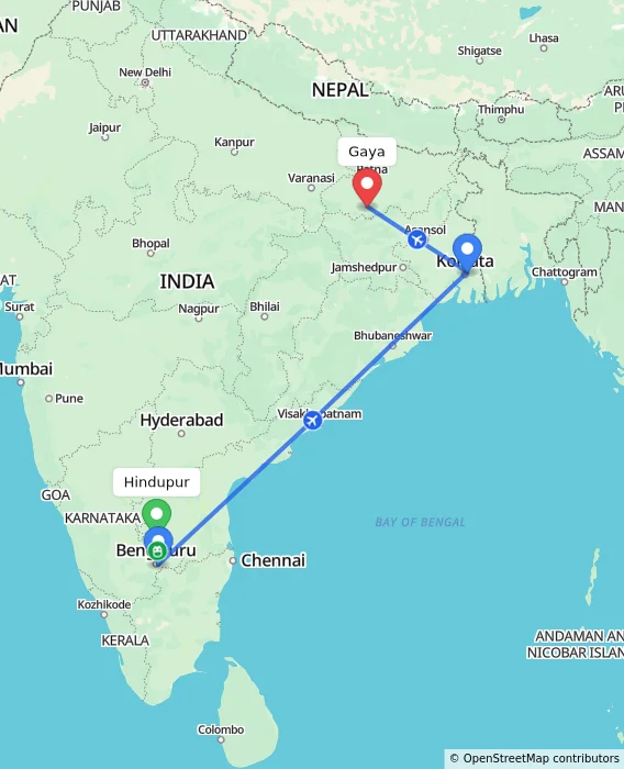 Route map showing distance and travel time from Hindupur, India to Gaya, India