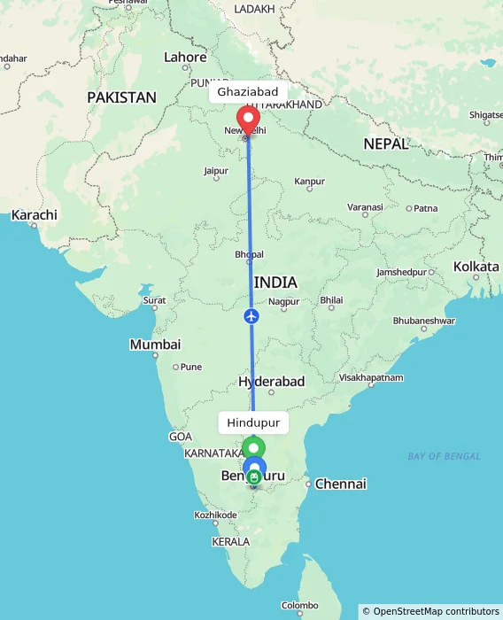 Route map showing distance and travel time from Hindupur, India to Ghaziabad, India