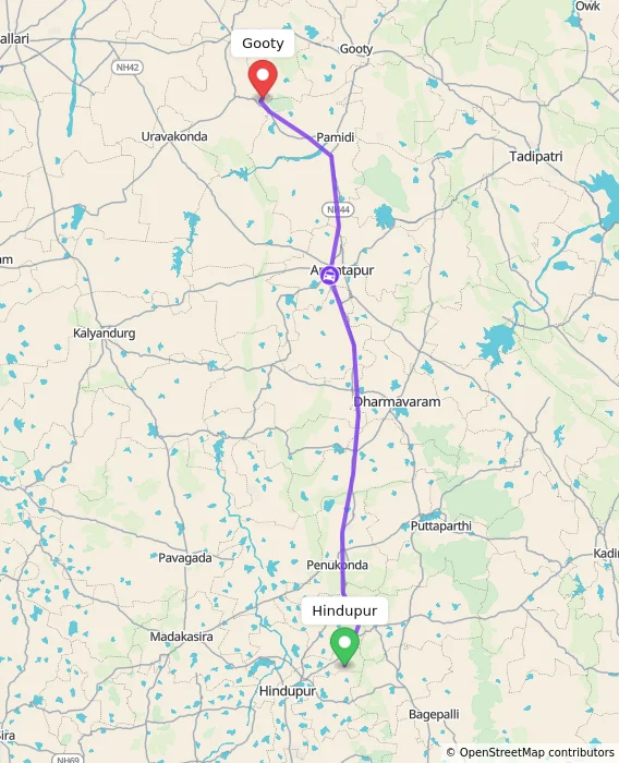 Route map showing distance and travel time from Hindupur, India to Gooty, India