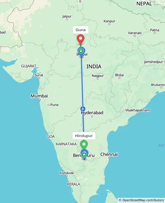 Route map showing distance and travel time from Hindupur, India to Guna, India