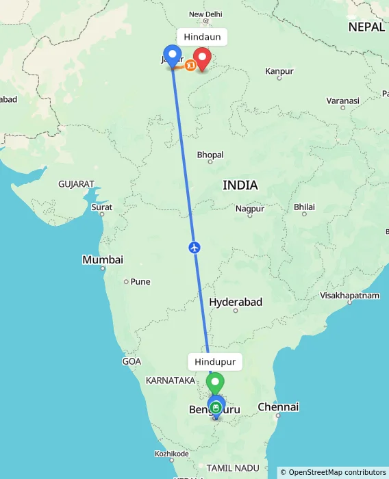 Route map showing distance and travel time from Hindupur, India to Hindaun, India