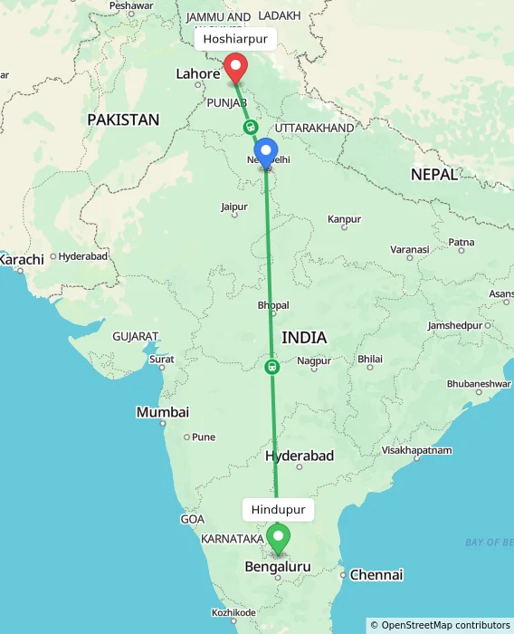Route map showing distance and travel time from Hindupur, India to Hoshiarpur, India