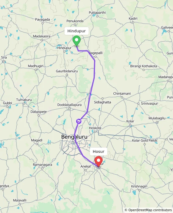 Route map showing distance and travel time from Hindupur, India to Hosur, India