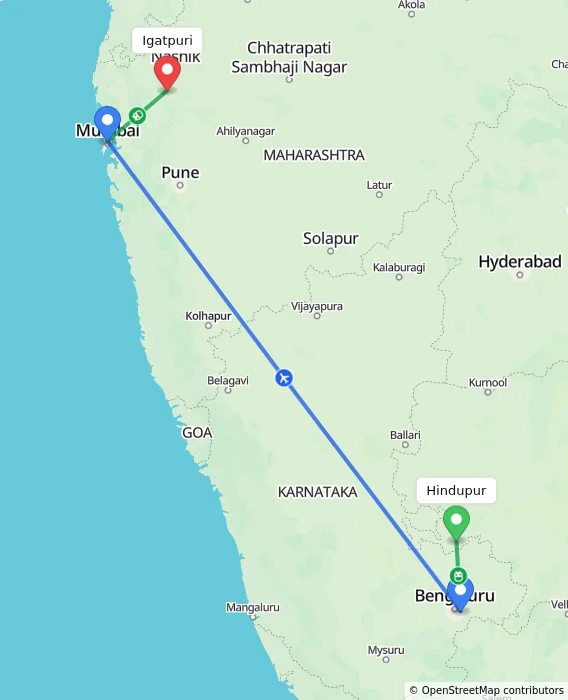 Route map showing distance and travel time from Hindupur, India to Igatpuri, India