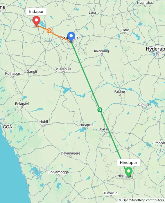 Route map showing distance and travel time from Hindupur, India to Indapur, India