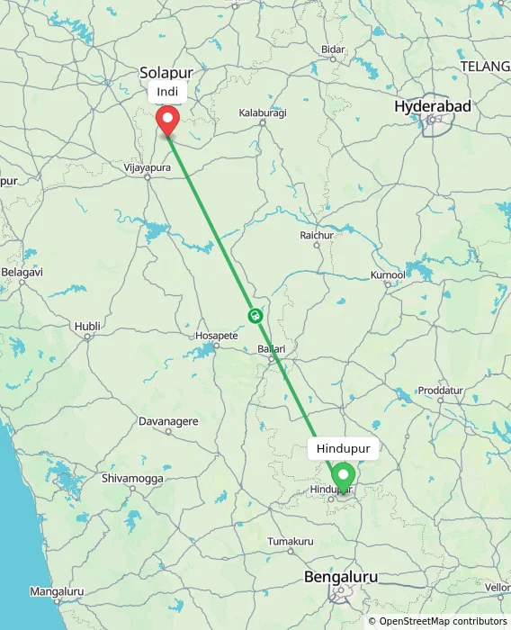 Route map showing distance and travel time from Hindupur, India to Indi, India