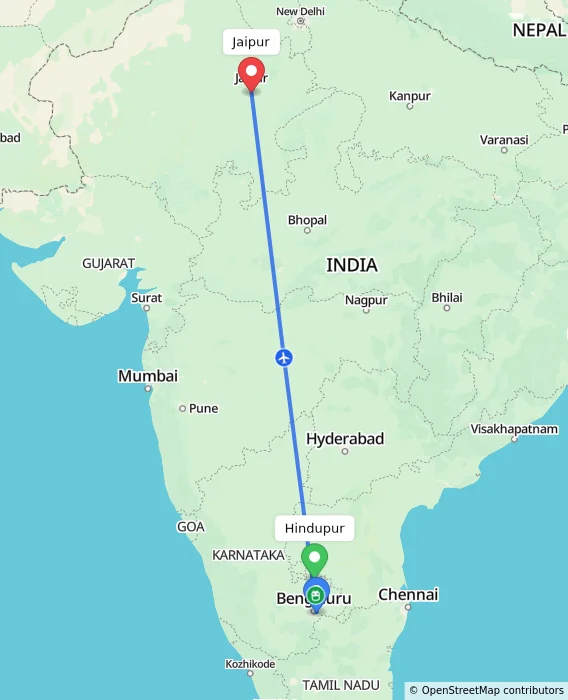 Route map showing distance and travel time from Hindupur, India to Jaipur, India
