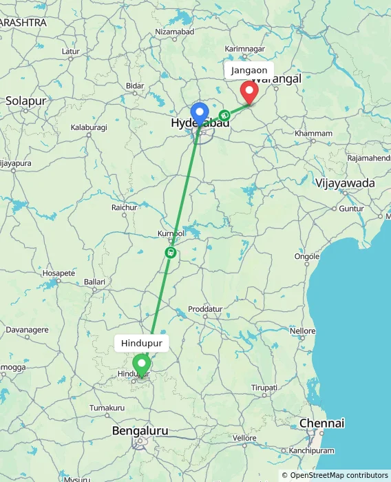 Route map showing distance and travel time from Hindupur, India to Jangaon, India