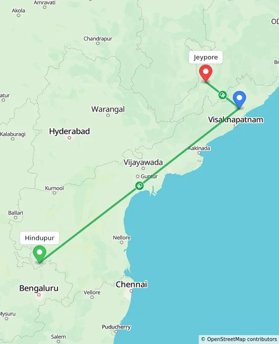 Route map showing distance and travel time from Hindupur, India to Jeypore, India