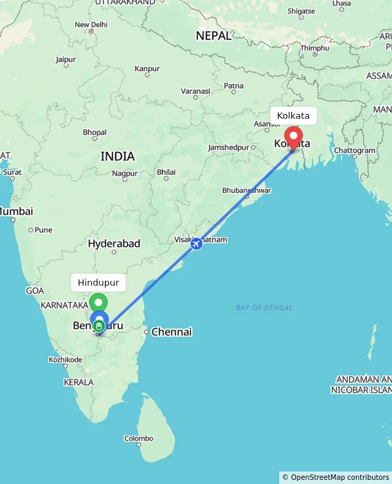 Route map showing distance and travel time from Hindupur, India to Kolkata, India