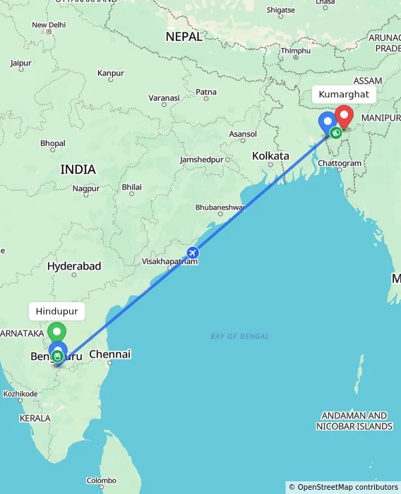 Route map showing distance and travel time from Hindupur, India to Kumarghat, India