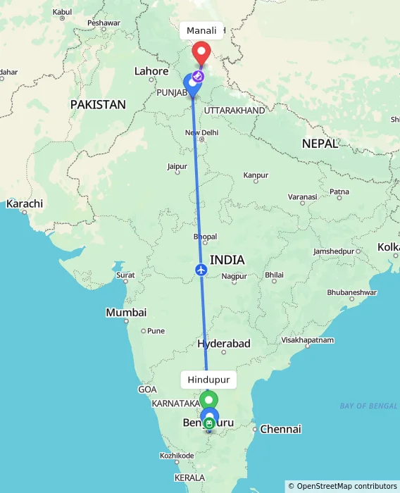 Route map showing distance and travel time from Hindupur, India to Manali, India