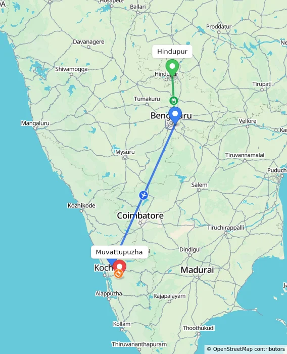 Route map showing distance and travel time from Hindupur, India to Muvattupuzha, India