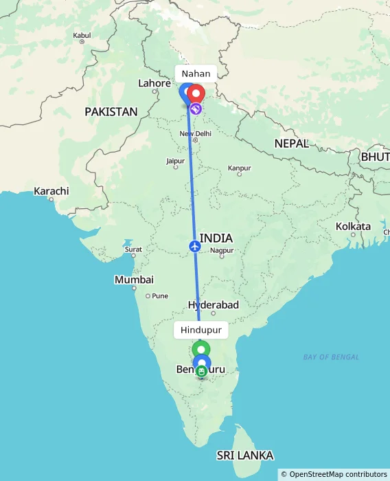 Route map showing distance and travel time from Hindupur, India to Nahan, India