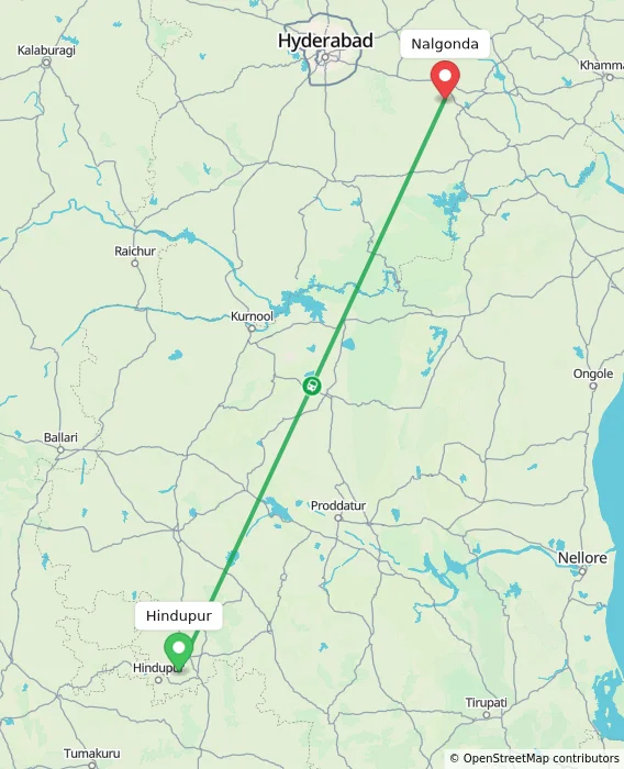 Route map showing distance and travel time from Hindupur, India to Nalgonda, India