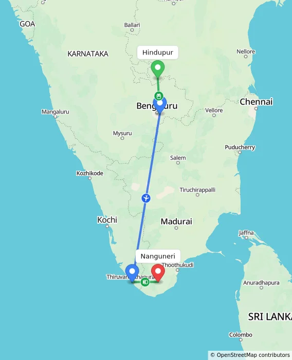 Route map showing distance and travel time from Hindupur, India to Nanguneri, India