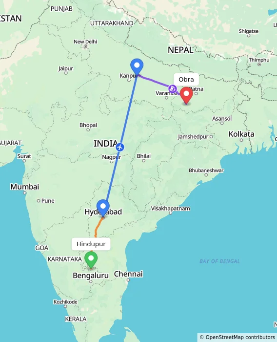 Route map showing distance and travel time from Hindupur, India to Obra, India