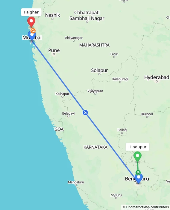 Route map showing distance and travel time from Hindupur, India to Palghar, India