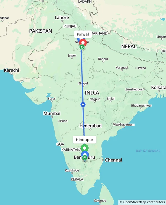 Route map showing distance and travel time from Hindupur, India to Palwal, India