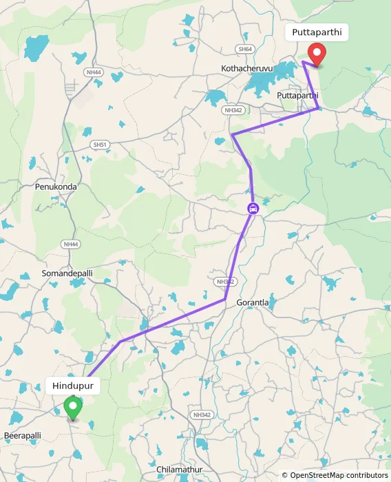 Route map showing distance and travel time from Hindupur, India to Puttaparthi, India