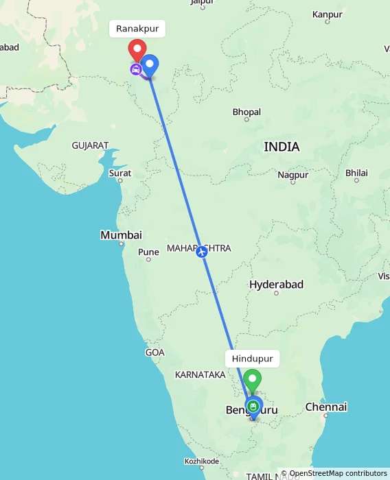 Route map showing distance and travel time from Hindupur, India to Ranakpur, India