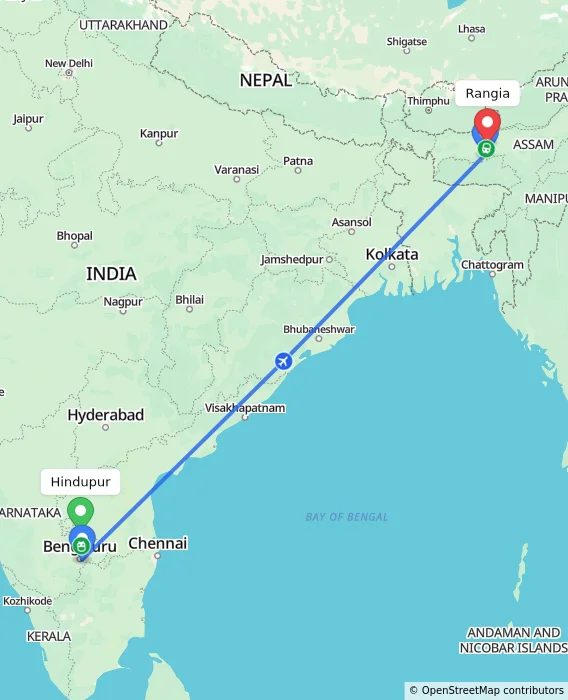 Route map showing distance and travel time from Hindupur, India to Rangia, India
