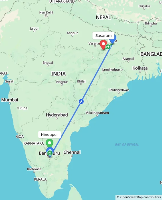 Route map showing distance and travel time from Hindupur, India to Sasaram, India