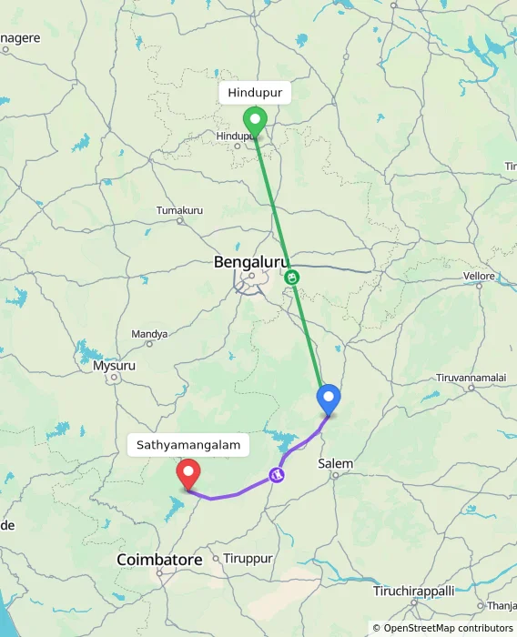 Route map showing distance and travel time from Hindupur, India to Sathyamangalam, India
