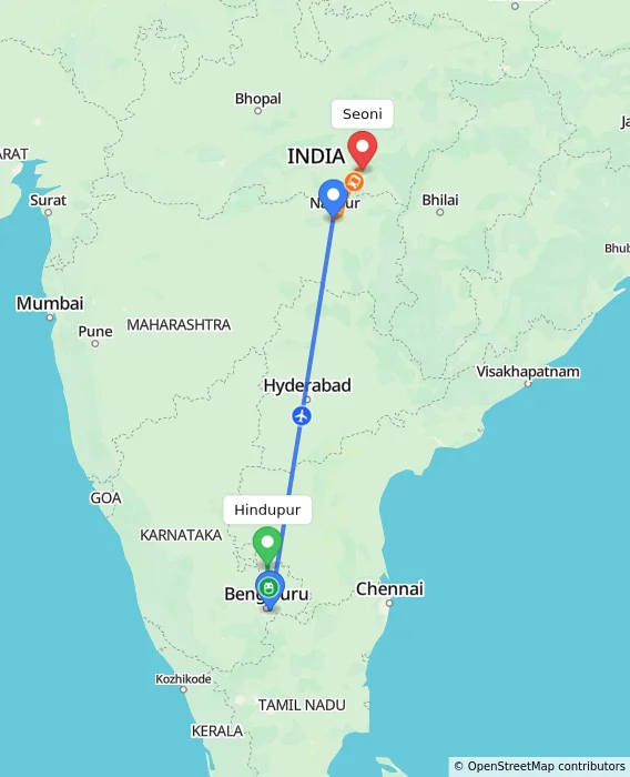 Route map showing distance and travel time from Hindupur, India to Seoni, India