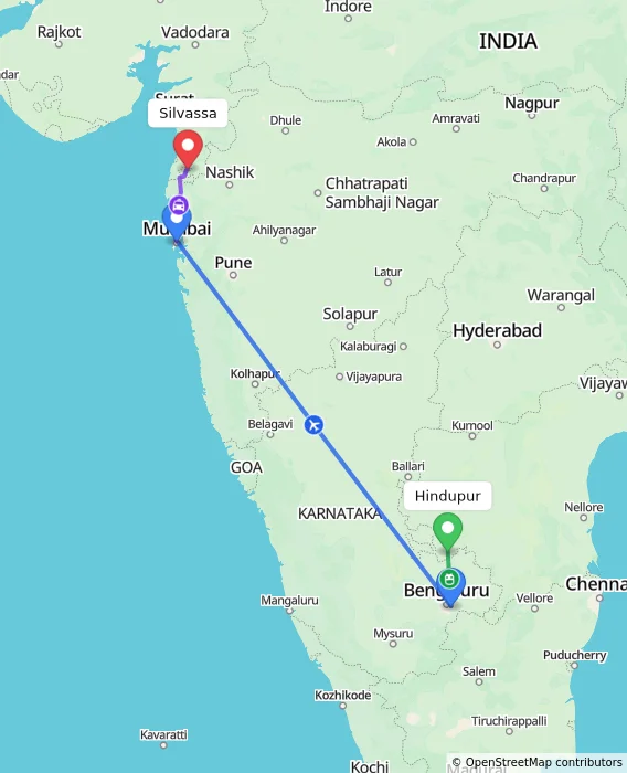 Route map showing distance and travel time from Hindupur, India to Silvassa, India