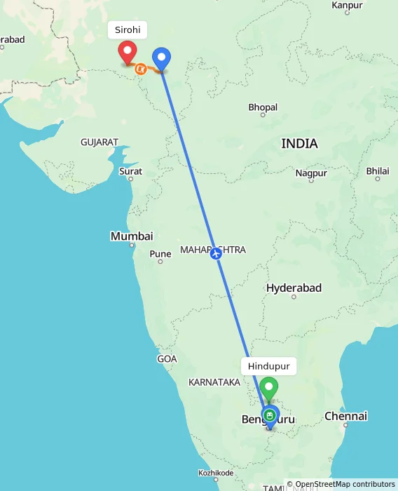 Route map showing distance and travel time from Hindupur, India to Sirohi, India