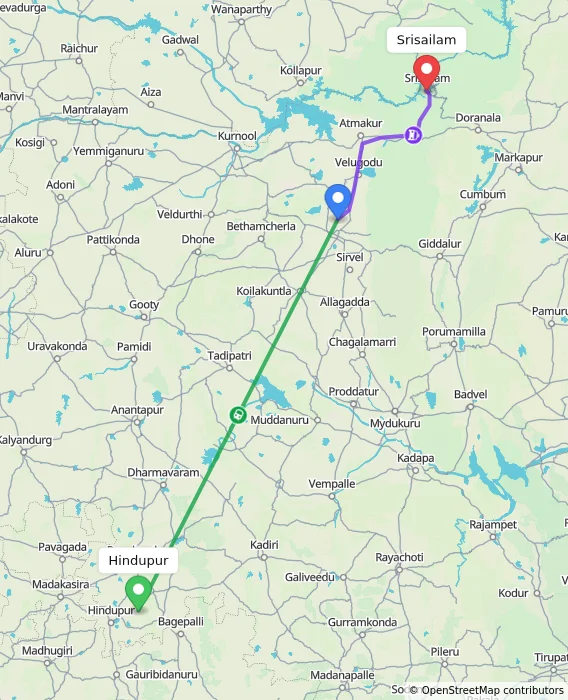 Route map showing distance and travel time from Hindupur, India to Srisailam, India