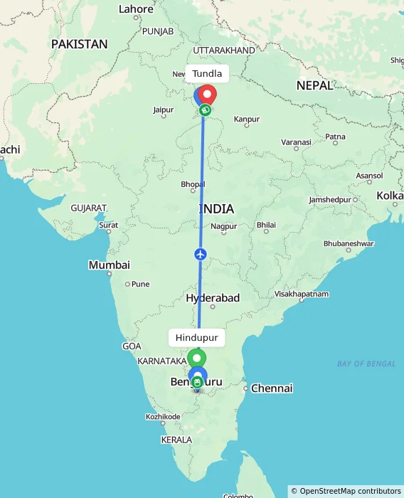 Route map showing distance and travel time from Hindupur, India to Tundla, India
