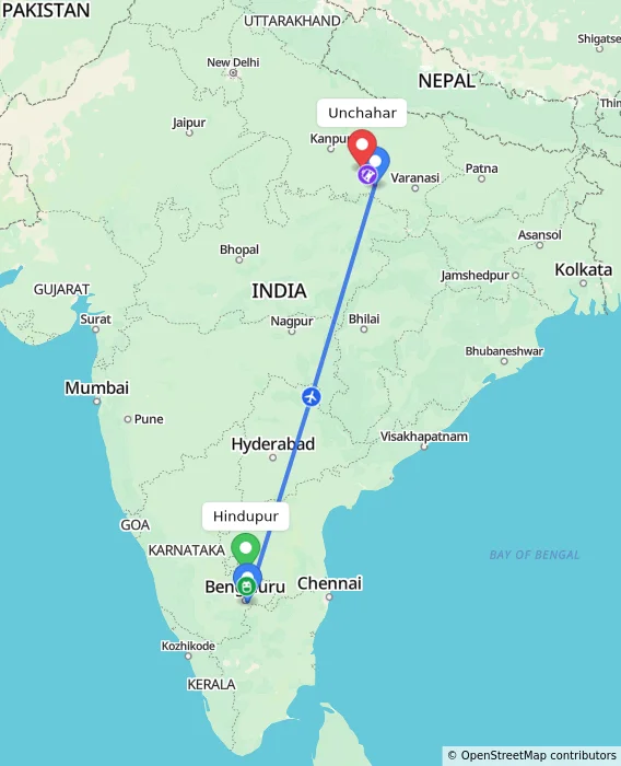 Route map showing distance and travel time from Hindupur, India to Unchahar, India