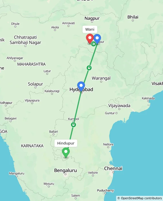 Route map showing distance and travel time from Hindupur, India to Wani, India