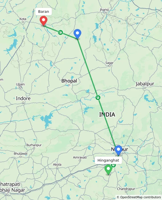 Route map showing distance and travel time from Hinganghat, India to Baran, India