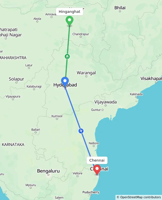Route map showing distance and travel time from Hinganghat, India to Chennai, India