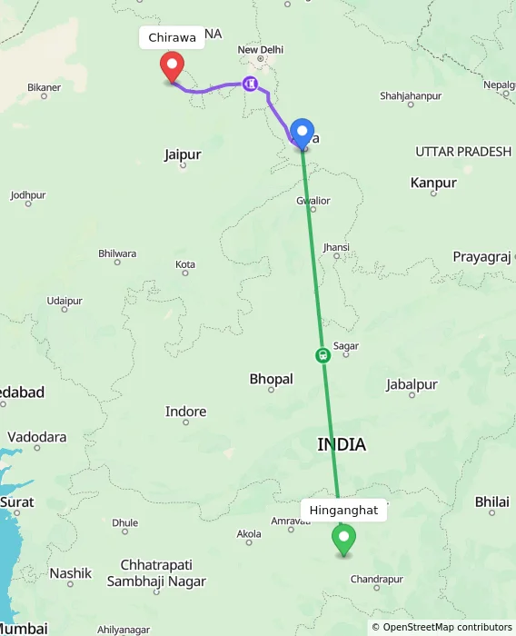 Route map showing distance and travel time from Hinganghat, India to Chirawa, India
