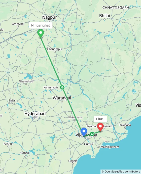 Route map showing distance and travel time from Hinganghat, India to Eluru, India