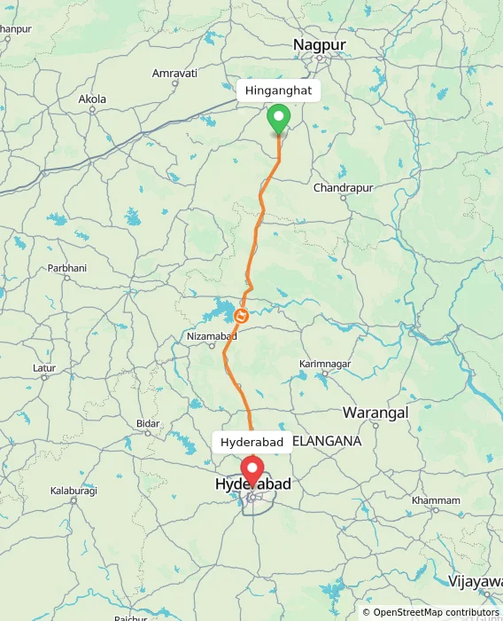 Route map showing distance and travel time from Hinganghat, India to Hyderabad, India