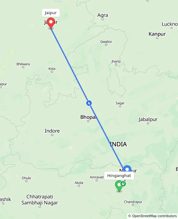Route map showing distance and travel time from Hinganghat, India to Jaipur, India