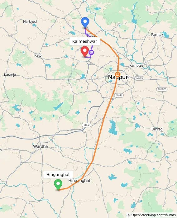 Route map showing distance and travel time from Hinganghat, India to Kalmeshwar, India