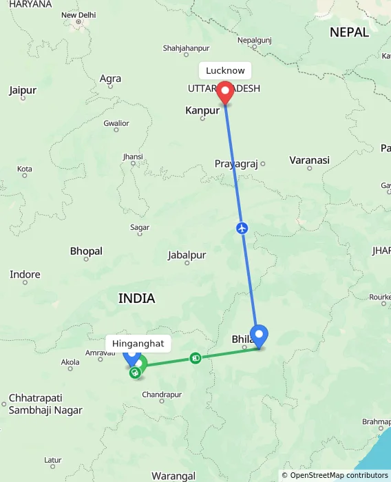 Route map showing distance and travel time from Hinganghat, India to Lucknow, India